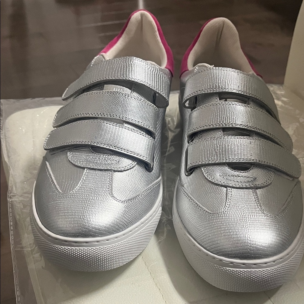 Silver Velcro Sneakers with Pink Accents